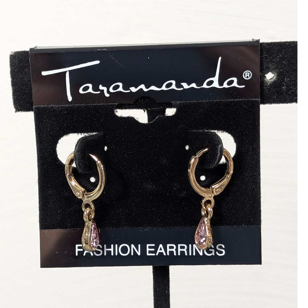 Taramanda Gold Tone Hoop Earrings Pink Rhinestone Charm‎ Dainty New